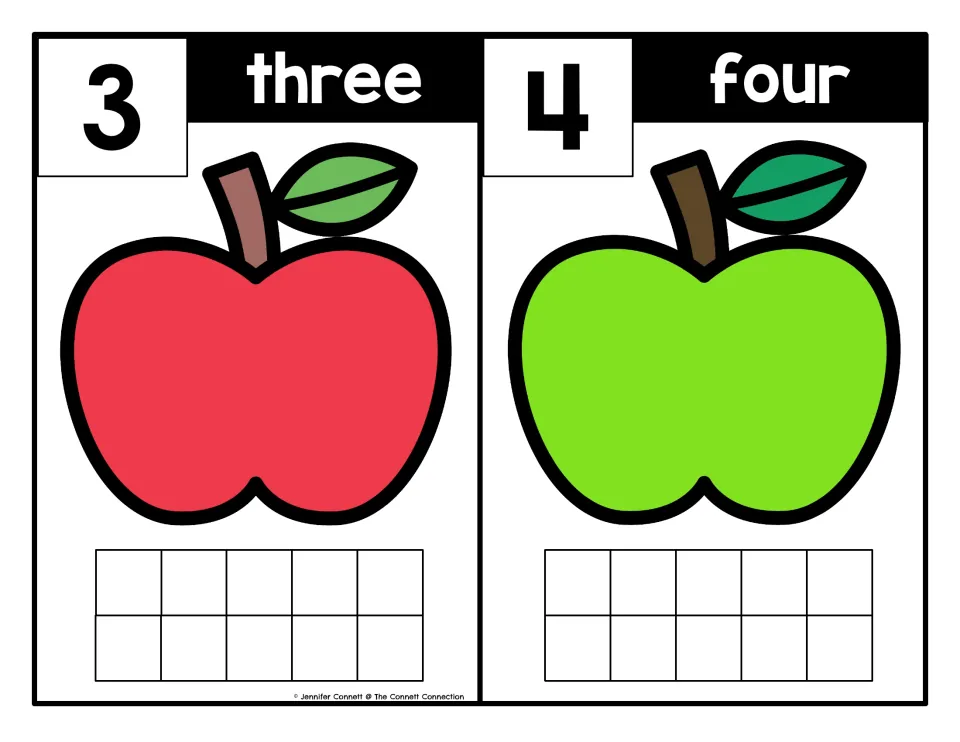 Apple counting mats for 3 (three) and 4 (four), pairing numerals and number words for counting practice.