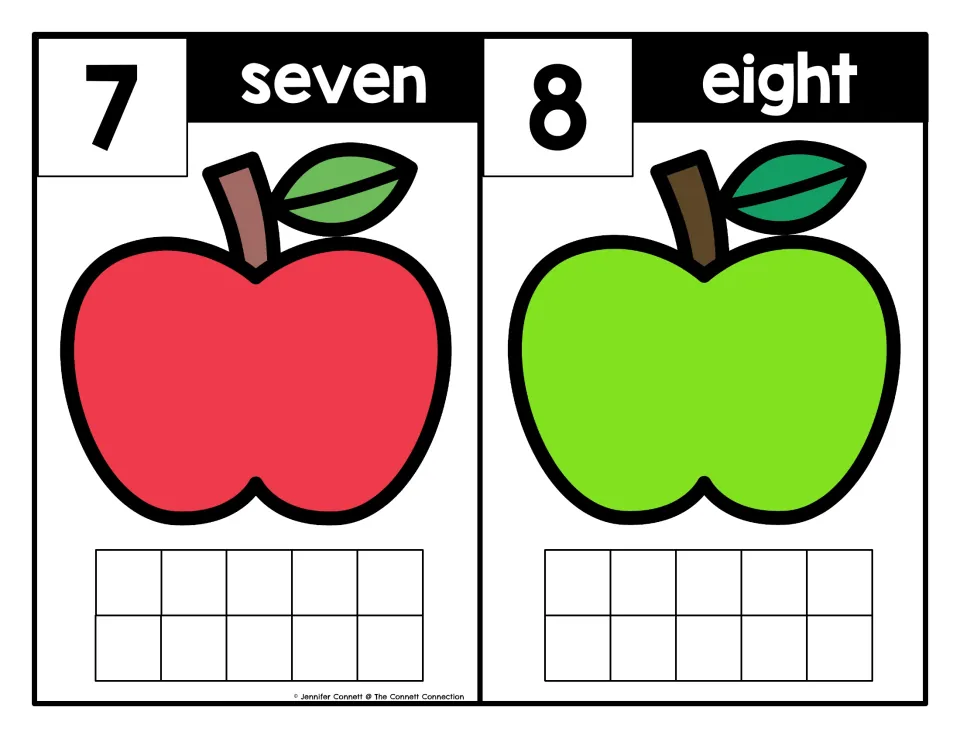 Apple counting mats for 7 (seven) and 8 (eight), pairing numerals and number words for counting practice.