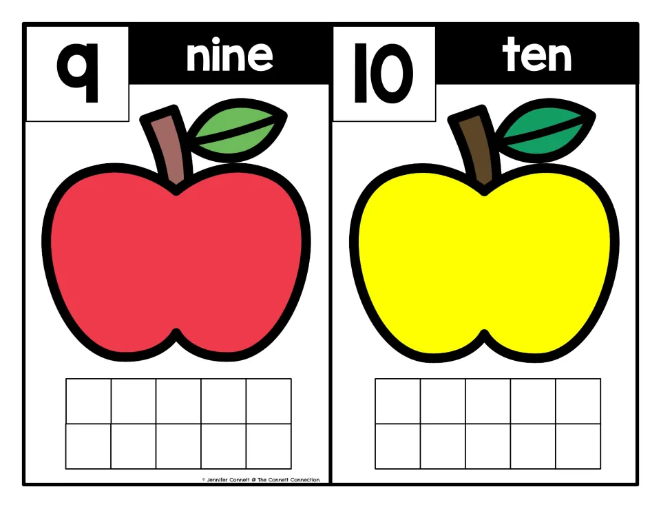 Apple counting mats for 9 (nine) and 10 (ten), pairing numerals and number words for counting practice.