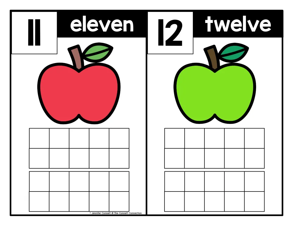 Apple counting mats for 11 (eleven) and 12 (twelve), pairing numerals and number words for counting practice.