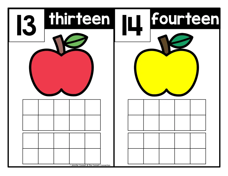 Apple counting mats for 13 (thirteen) and 14 (fourteen), pairing numerals and number words for counting practice.
