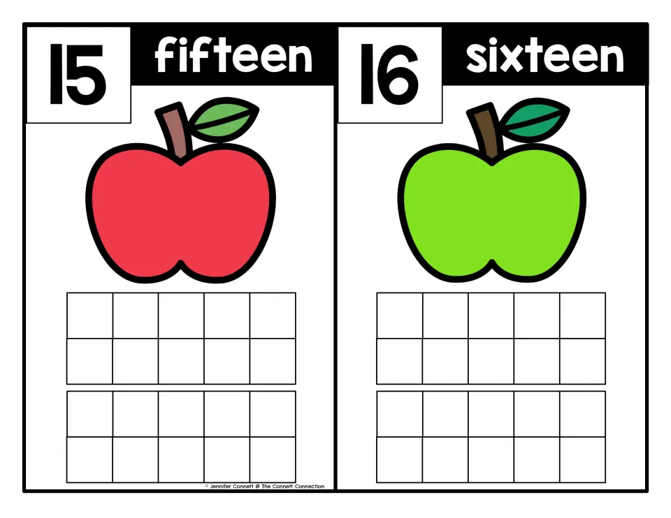 Apple counting mats for 15 (fifteen) and 16 (sixteen), pairing numerals and number words for counting practice.