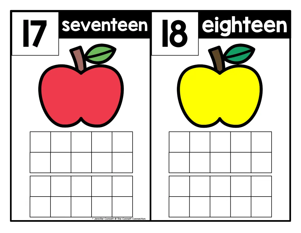 Apple counting mats for 17 (seventeen) and 18 (eighteen), pairing numerals and number words for counting practice.
