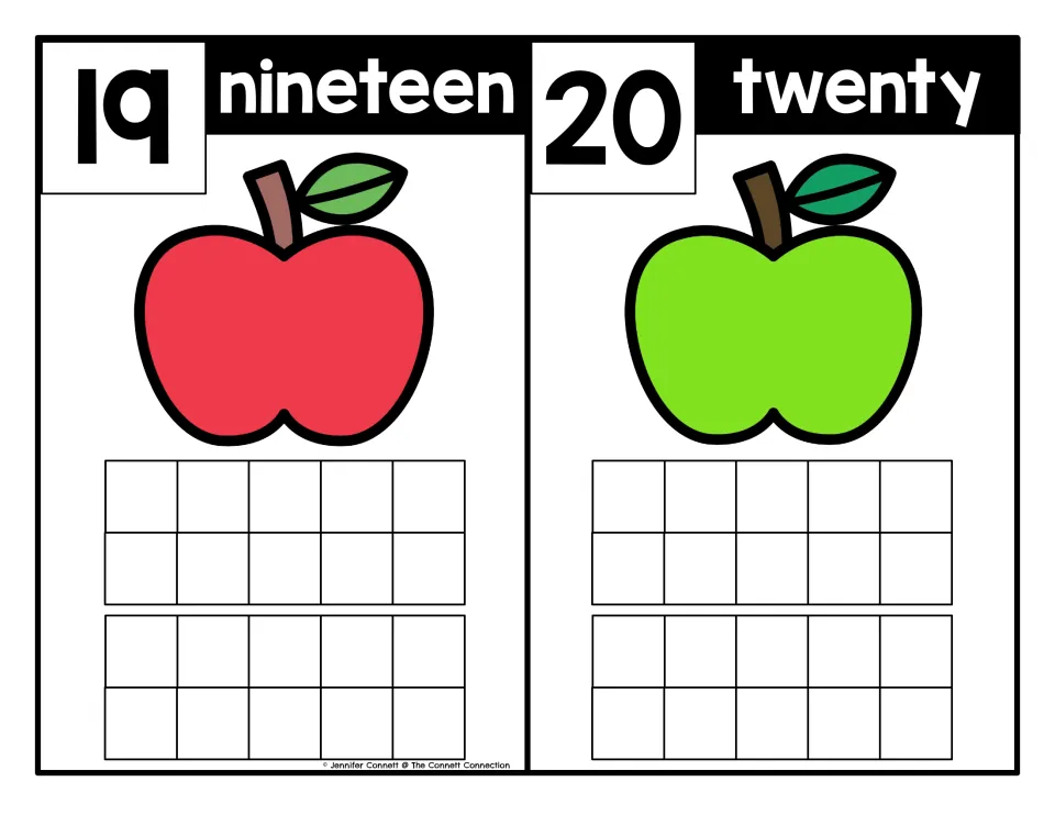 Apple counting mats for 19 (nineteen) and 20 (twenty), pairing numerals and number words for counting practice.
