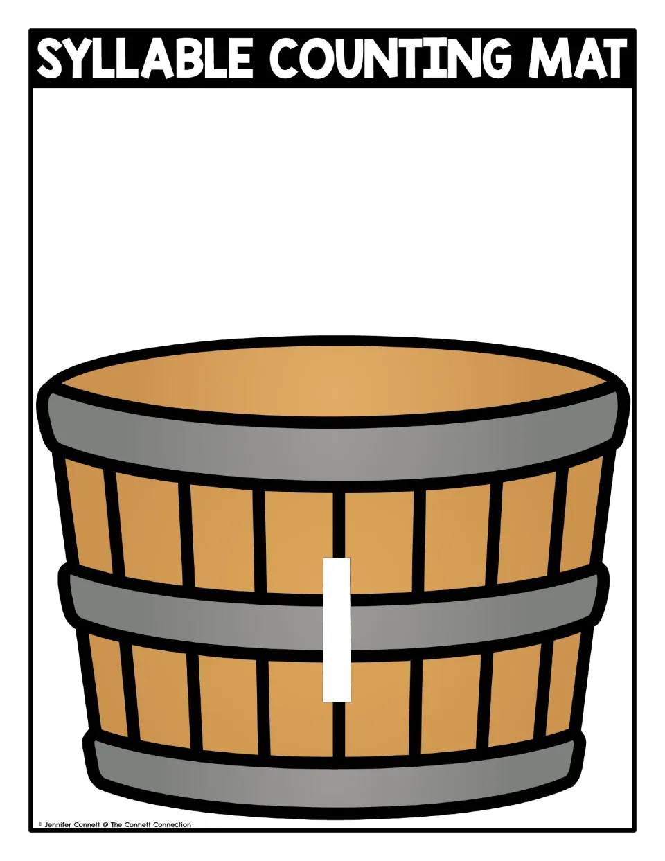 Syllable counting mat 1: a bushel basket marked 1 where students sort picture apples whose names have one syllable