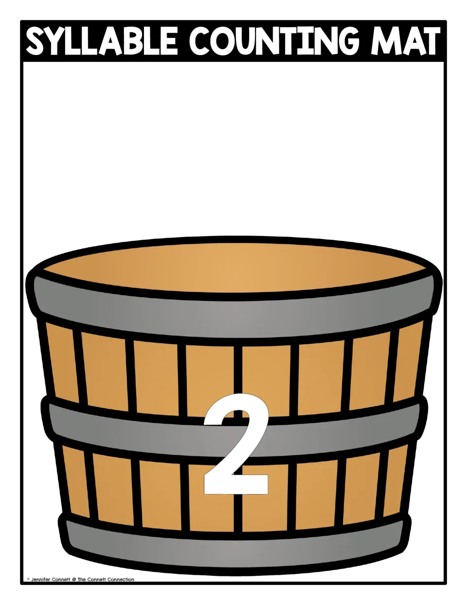 Syllable counting mat 2: a bushel basket marked 2 for sorting picture apples whose names have two syllables