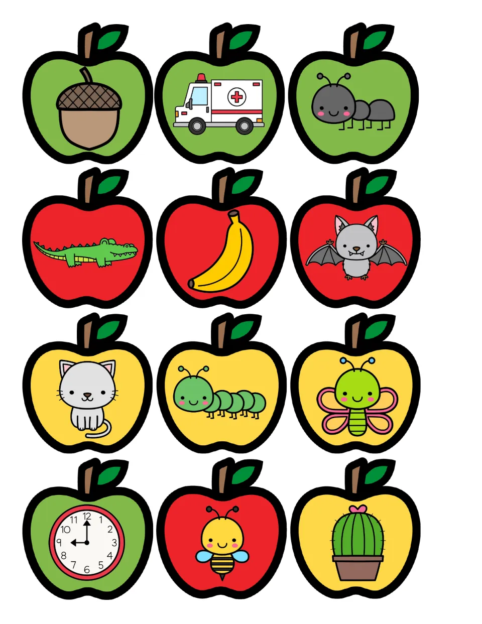 Syllable sort cut-out cards: 12 apples picturing acorn, ambulance, ant, alligator, banana, bat, cat, caterpillar and more