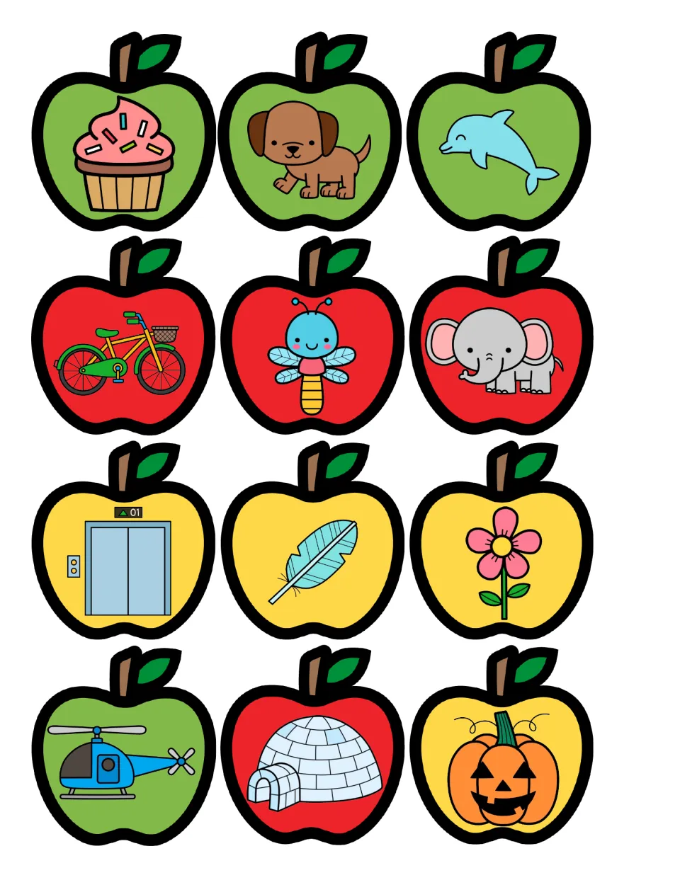 Apple cards to sort by syllable count: cupcake, dog, dolphin, bicycle, dragonfly, elephant, elevator, igloo and pumpkin