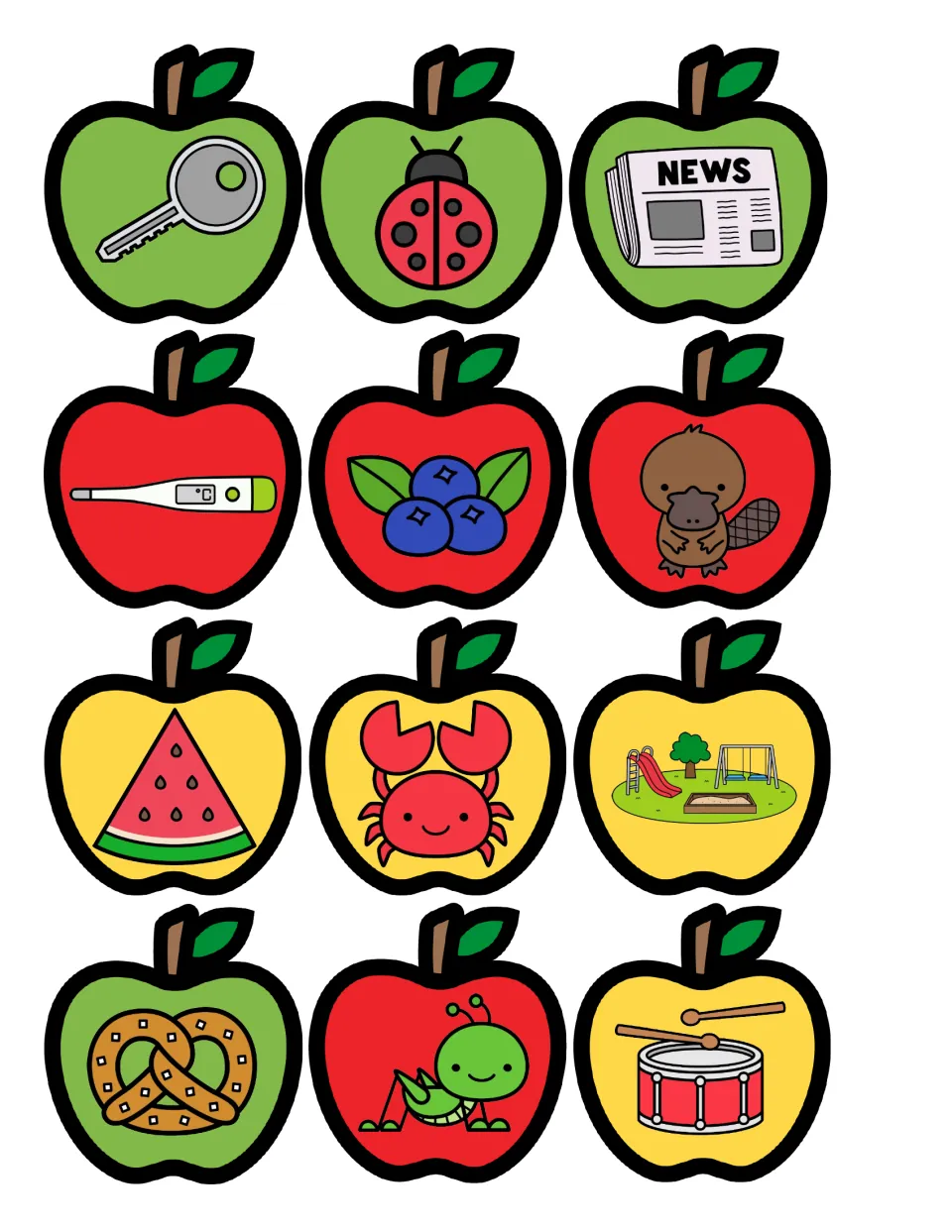 Syllable sort apple cards: key, ladybug, newspaper, thermometer, blueberries, platypus, watermelon, pretzel, grasshopper