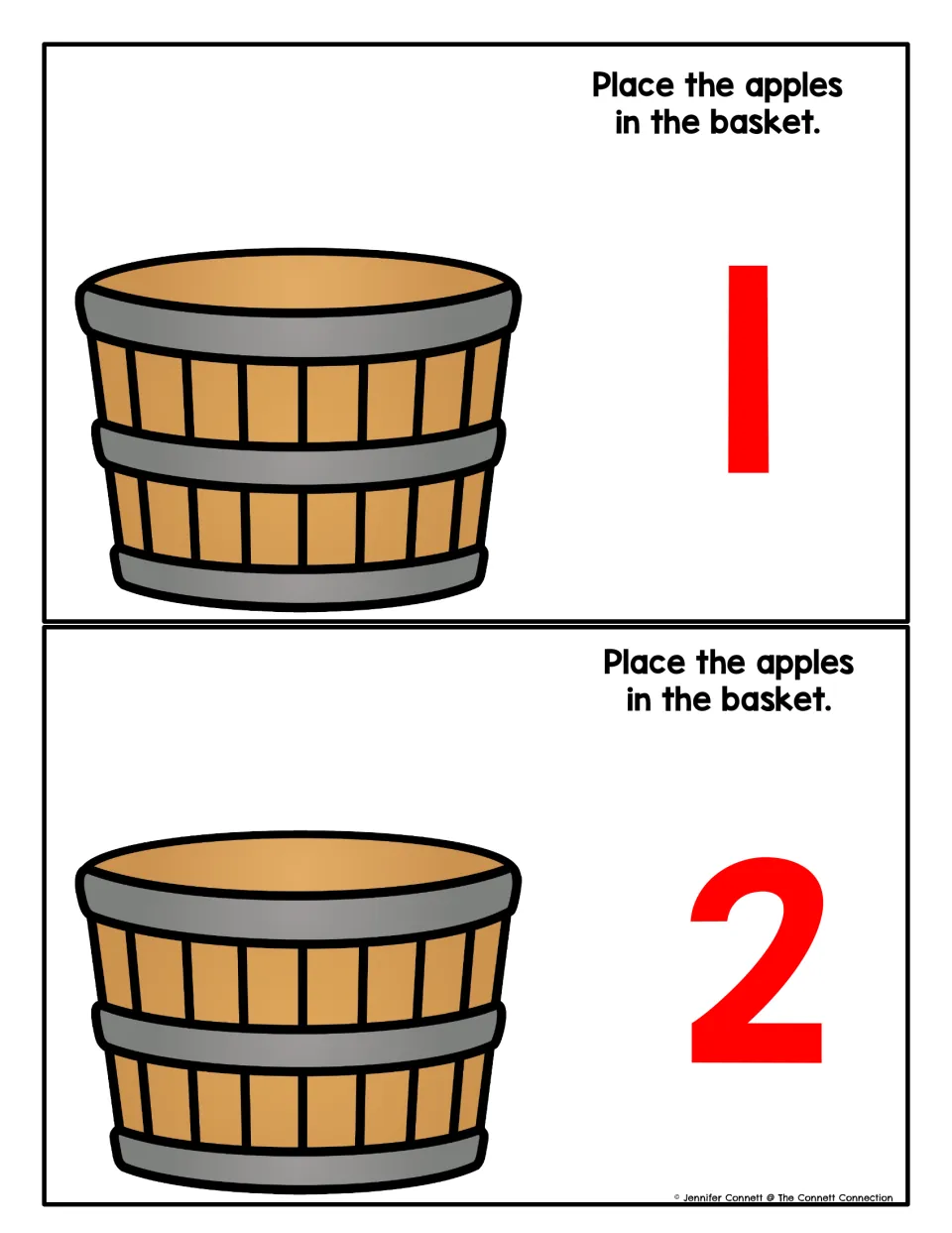 Counting mats for 1 and 2: each shows an empty bushel basket and a red numeral; students place that many apples inside