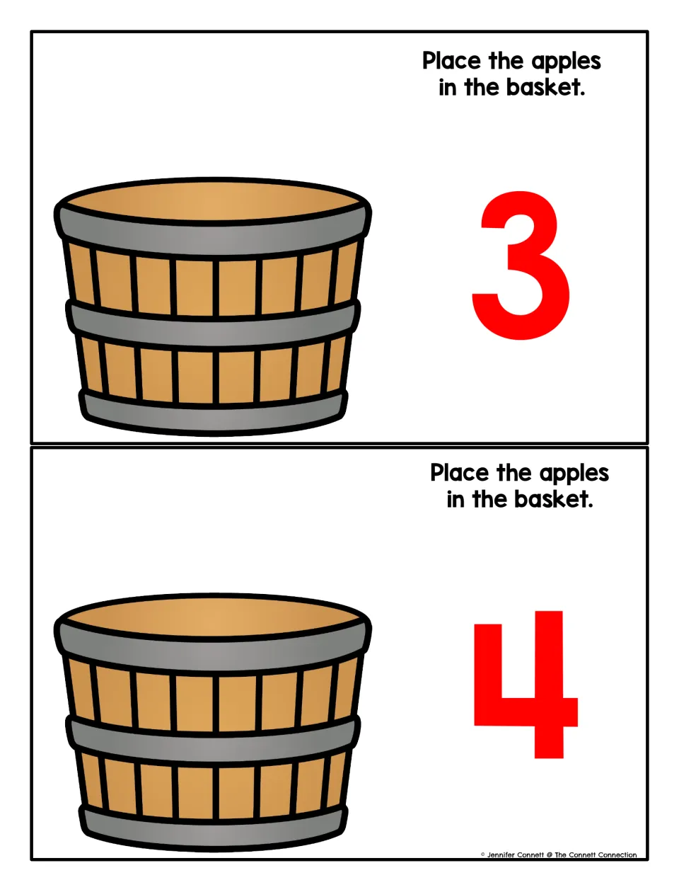 Counting mats for 3 and 4: students make that many playdough apples and set them in the empty bushel basket by each numeral