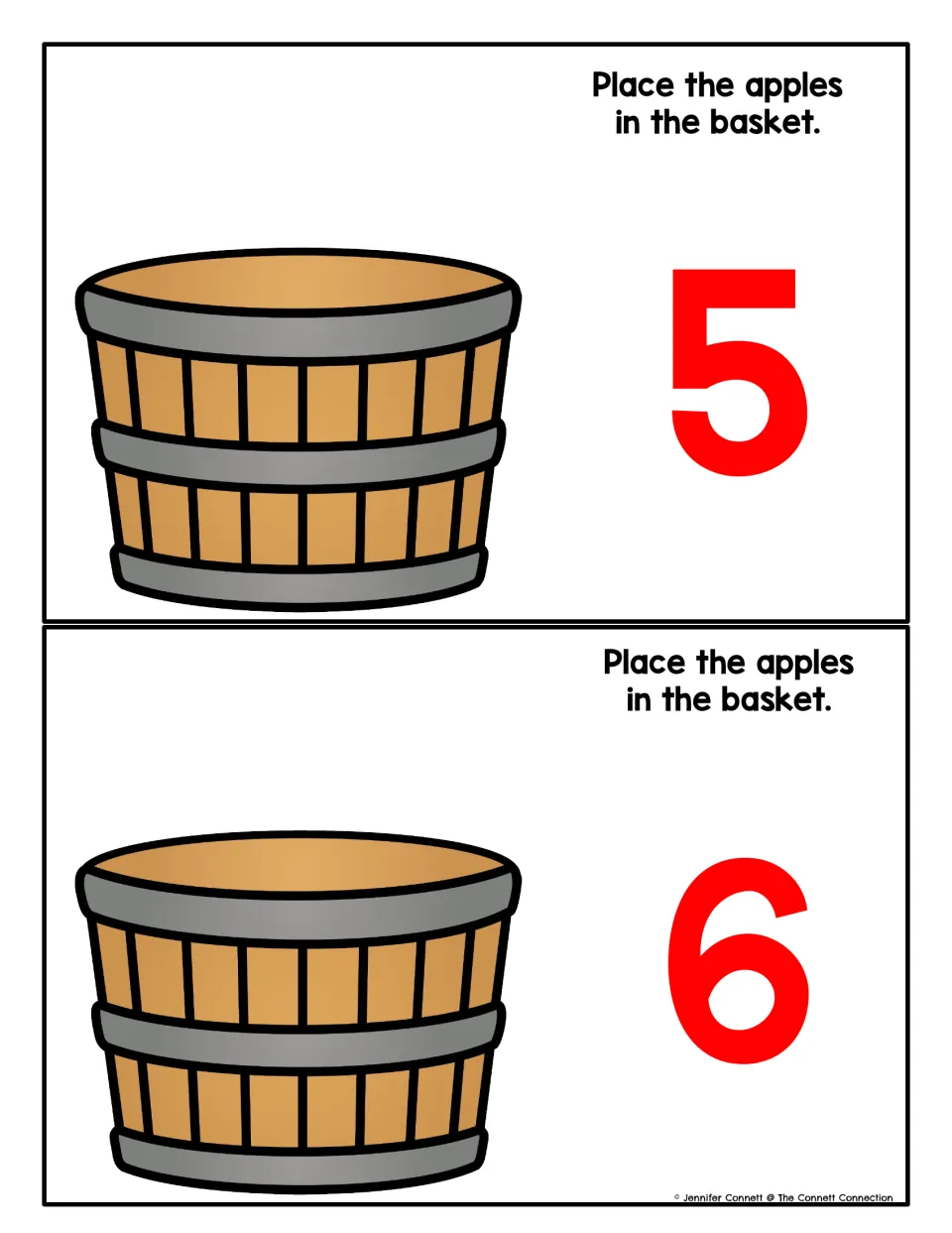 Counting mats for 5 and 6: students roll apples to match the red numeral and place them in the bushel basket on each mat