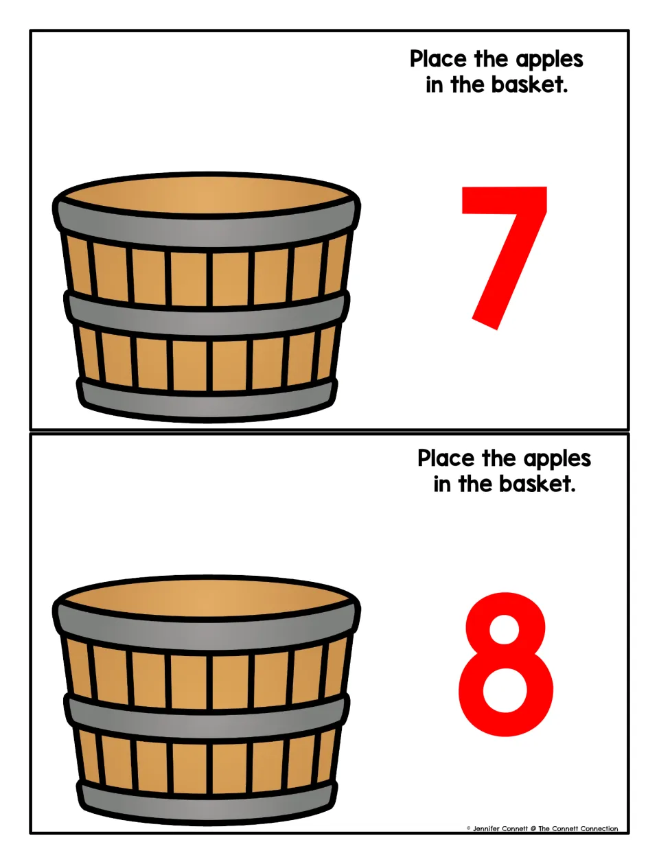 Counting mats for 7 and 8: students count out 7 and then 8 apples into the empty bushel basket shown beside each numeral