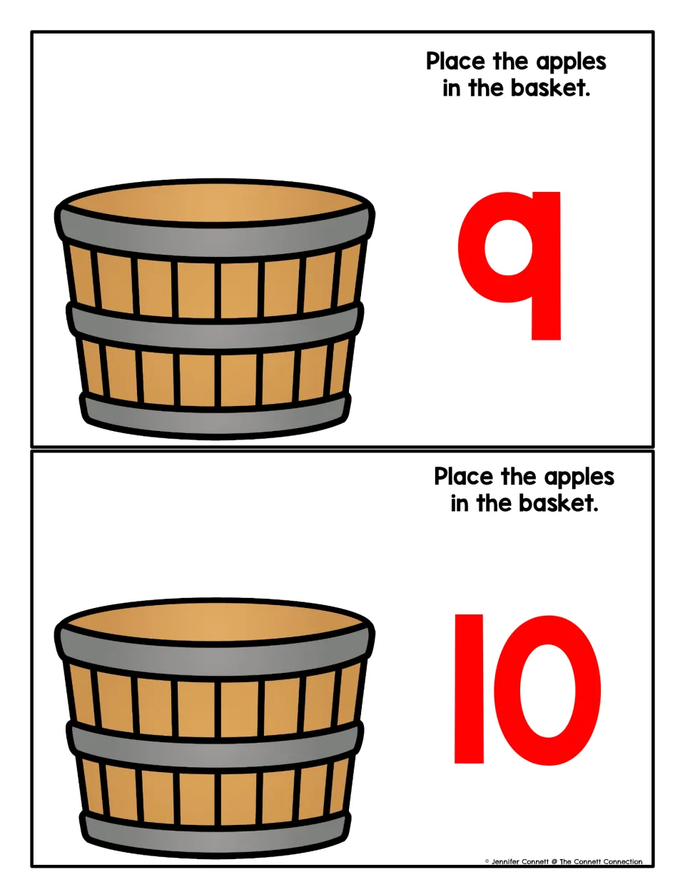 Counting mats for 9 and 10: students fill each empty bushel basket with apples to match the red numeral, counting to 10