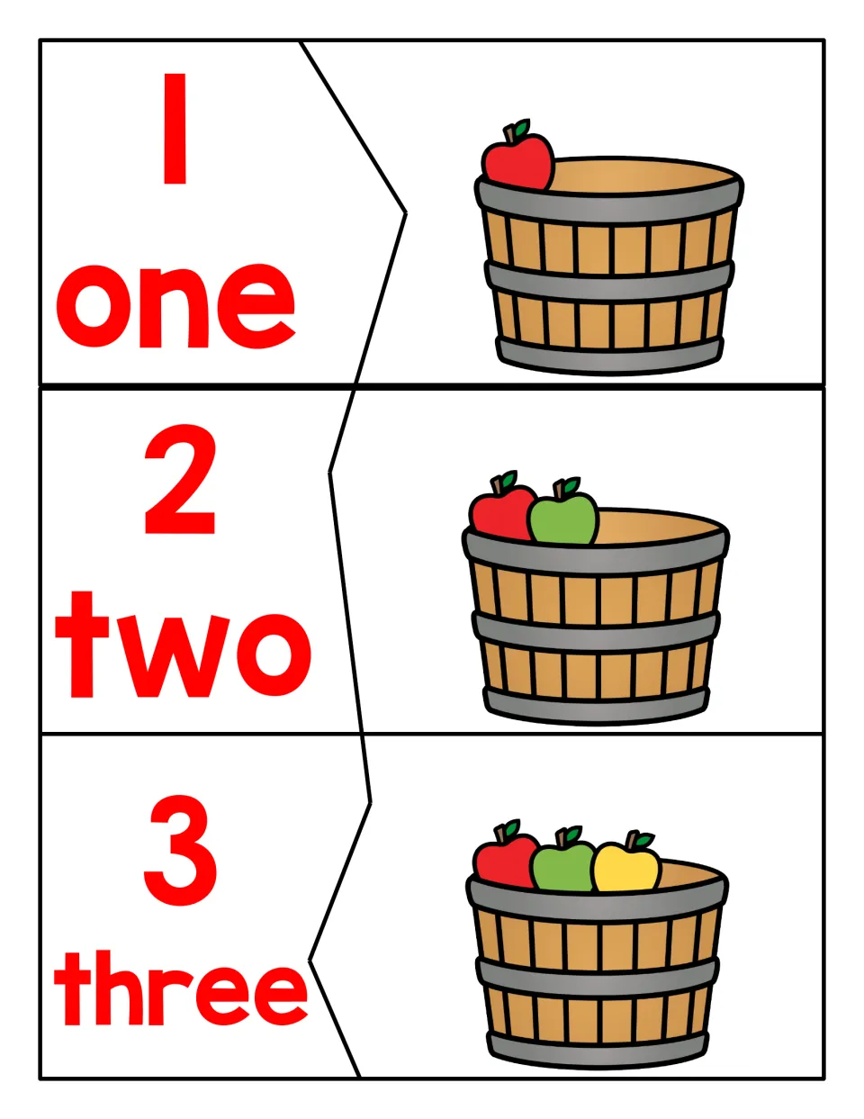 Two-piece puzzles for 1 to 3: students match each numeral and number word to a basket holding that many apples