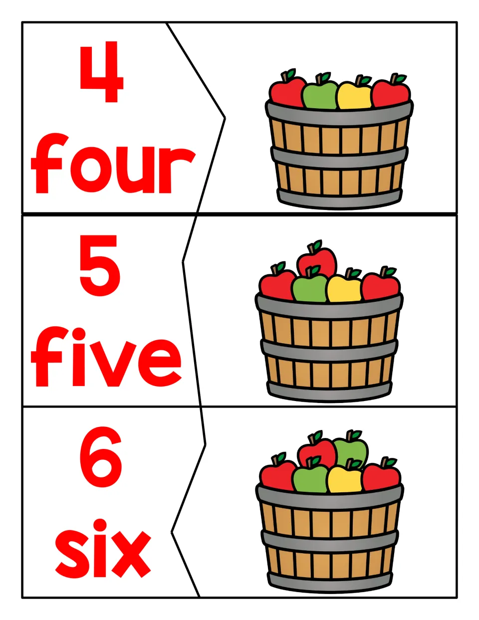 Puzzles for 4, 5 and 6: students join each numeral and number word piece to the basket showing 4, 5 or 6 apples