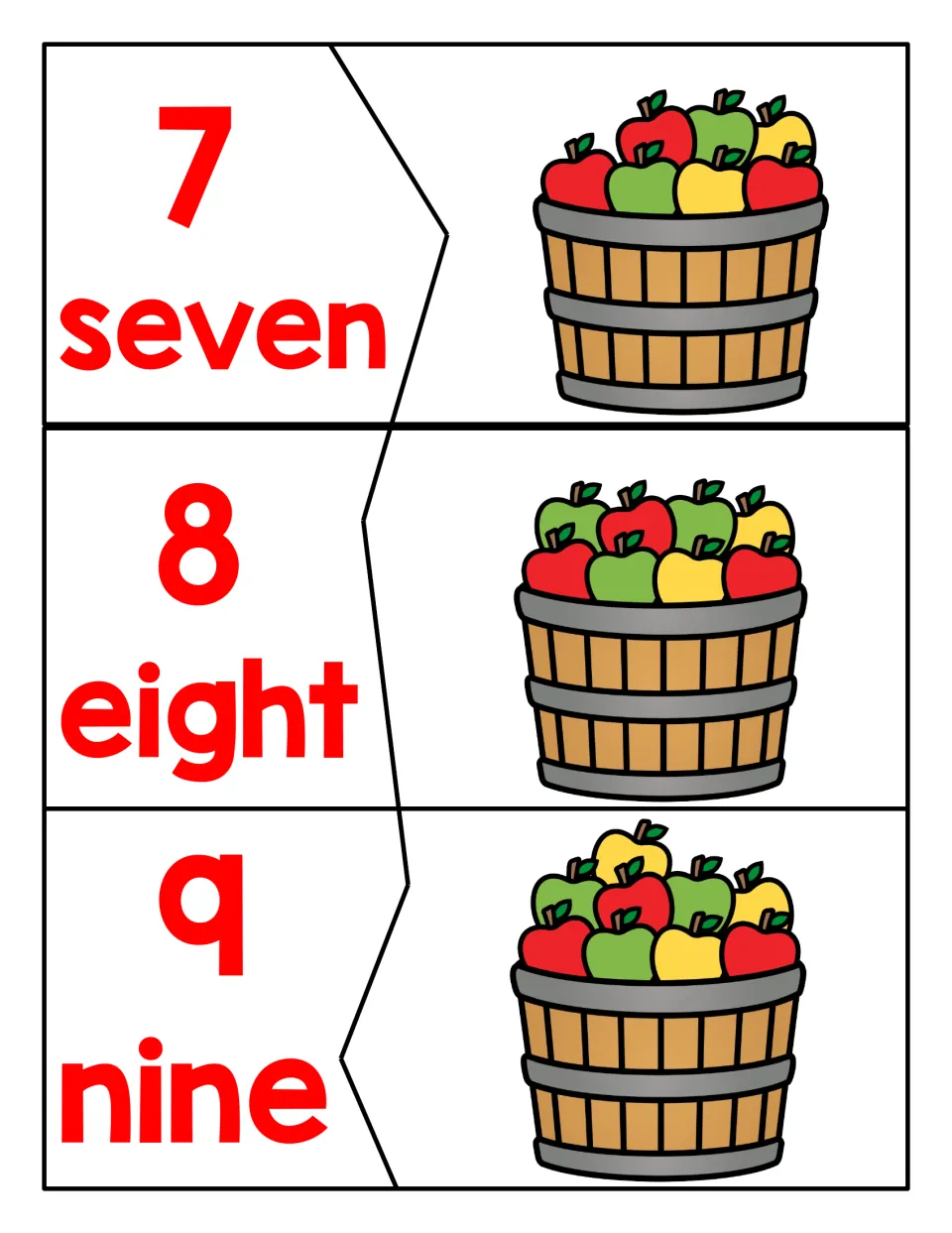 Puzzles for 7, 8 and 9: students count the apples heaped in each basket and match it to the numeral and number word piece