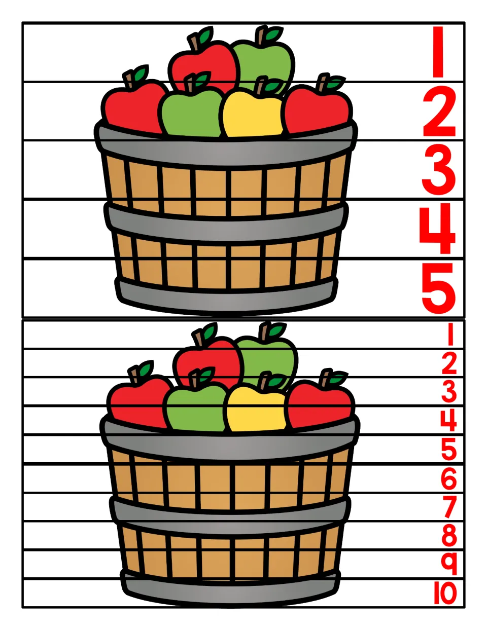 Sequencing strip puzzles: students put strips numbered 1 to 5 and 1 to 10 in order to rebuild an apple basket picture