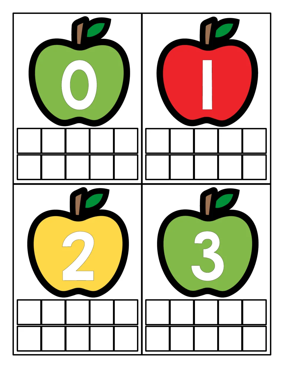 Apple counting cards for numbers 0 to 3: each apple shows a numeral and students fill the ten frame below to match it