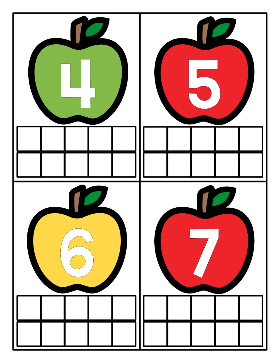 Counting cards for 4, 5, 6 and 7: a numbered apple sits above an empty ten frame for students to show that quantity