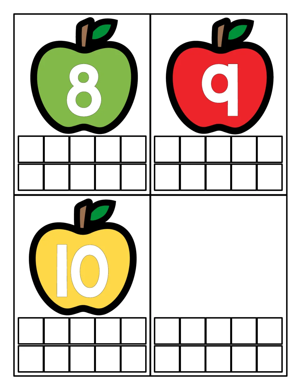 Counting cards for 8, 9 and 10 with numbered apples, plus one card showing only an empty ten frame and no numeral