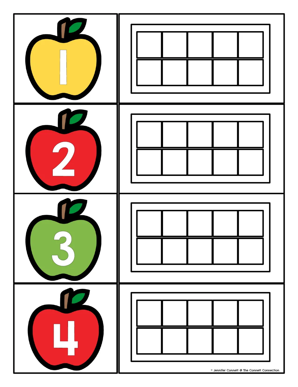 Number strips for 1 to 4: each numbered apple sits beside a ten frame where students build the matching amount