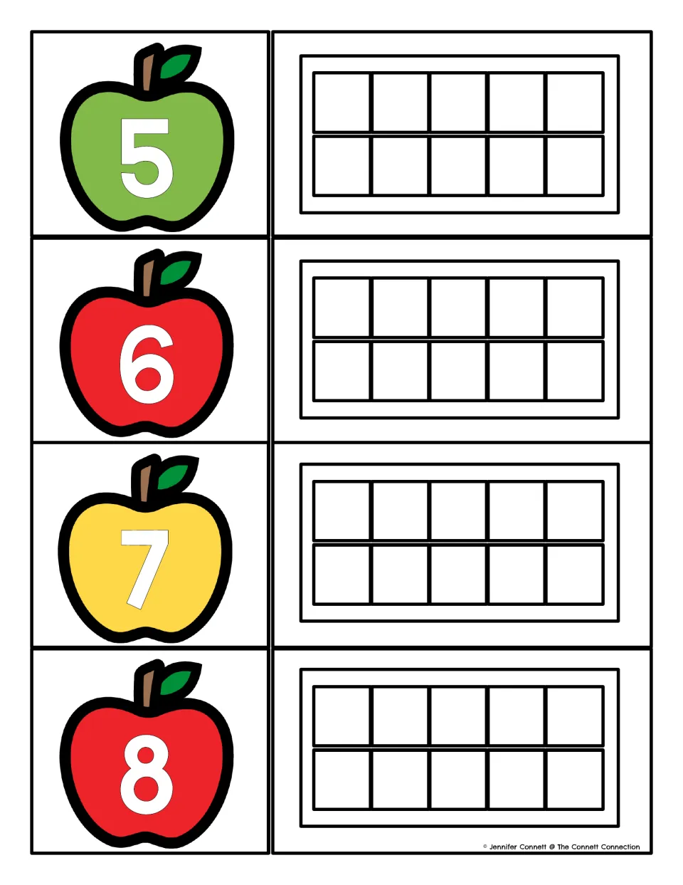 Apple number strips for 5 through 8, pairing each numeral with an empty ten frame to show that many objects