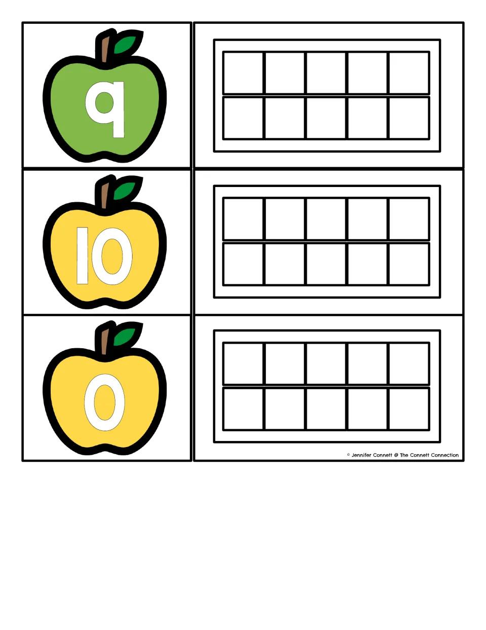 Last apple number strips for 9, 10 and 0, each beside a ten frame for showing the amount, including zero as an empty frame