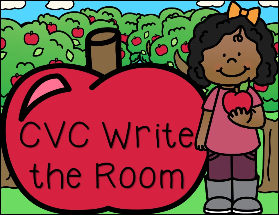 Cover of an apple-themed CVC Write the Room activity, showing a girl holding an apple beside a big apple in an orchard