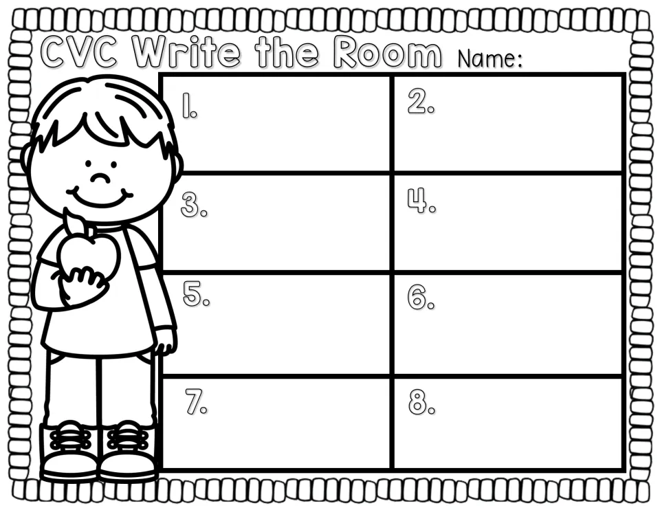 CVC recording sheet: students find eight numbered picture cards around the room and write each matching CVC word