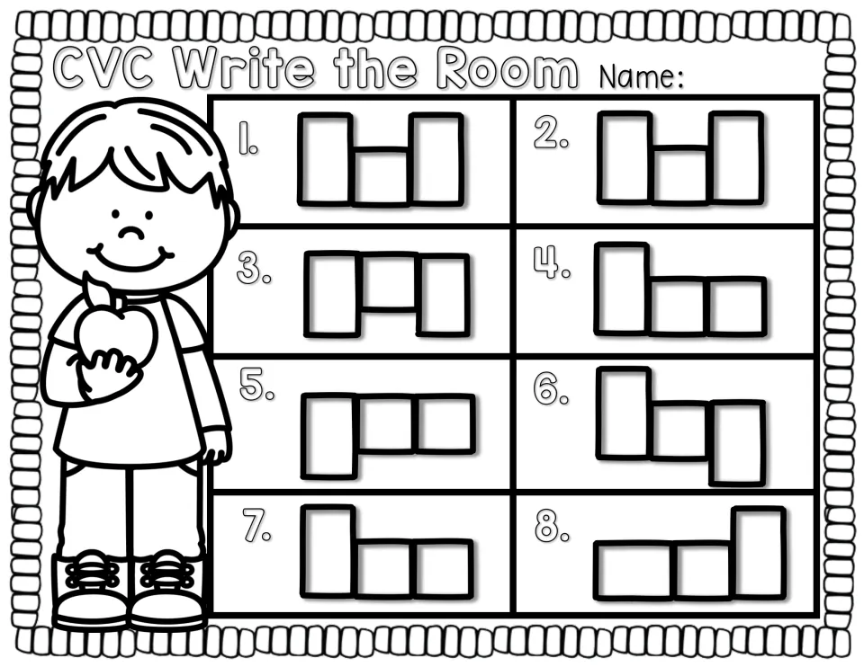 CVC recording sheet with letter-shape boxes: students write each word one letter per box, matching tall and short letters