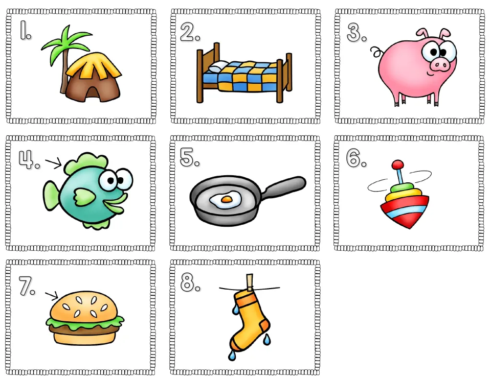 Color CVC picture cards 1 to 8 to post around the room: hut, bed, pig, fin, pan, top, bun and a wet sock