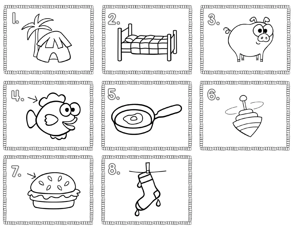 Black-and-white CVC picture cards 1 to 8 showing hut, bed, pig, fin, pan, top, bun and wet to hide around the room