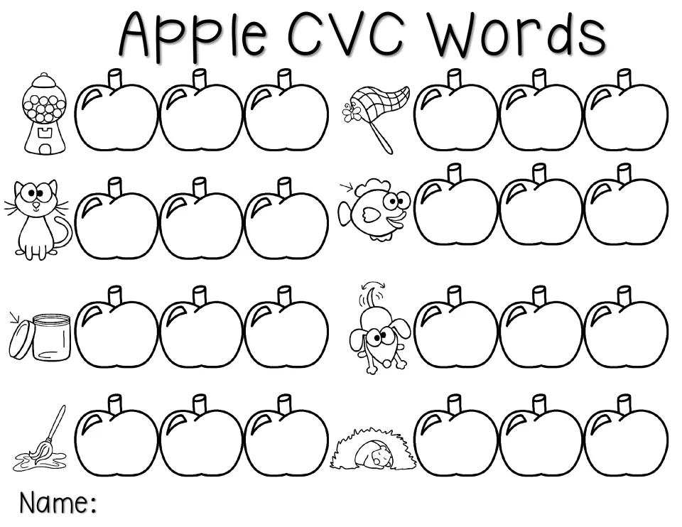 Apple CVC Words: students say each of eight pictures, such as cat, net and mop, and write one sound per apple