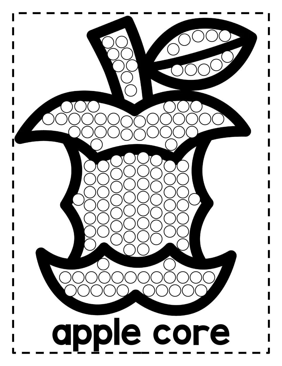 Apple core dot painting: students dab a paint dot in each circle filling the bitten core, stem and leaf