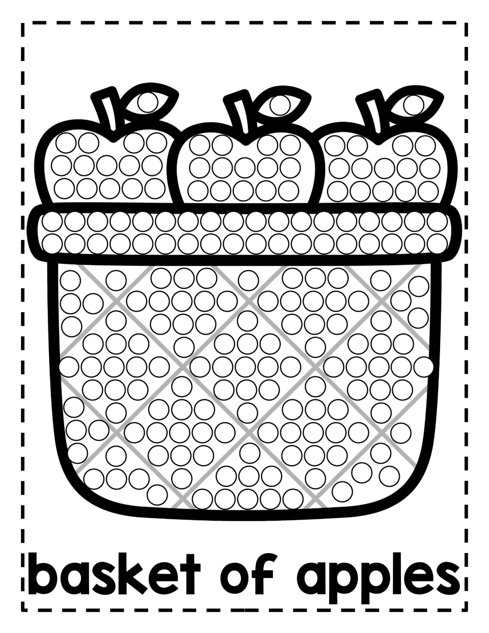 Basket of apples dot painting: students dot circles on three apples, the basket rim and its criss-cross weave