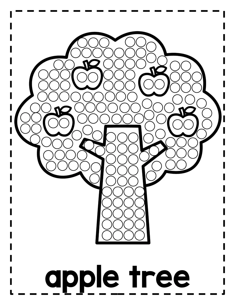 Apple tree dot painting: students dot circles on the leafy treetop and trunk around four outlined apples