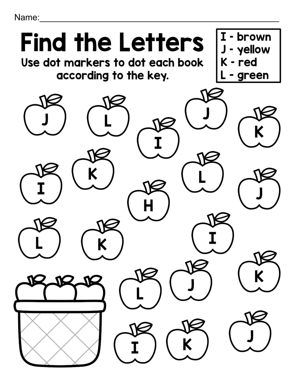 Find the Letters, I to L: uppercase recognition as students dot apples marked I, J, K or L in the color the key assigns