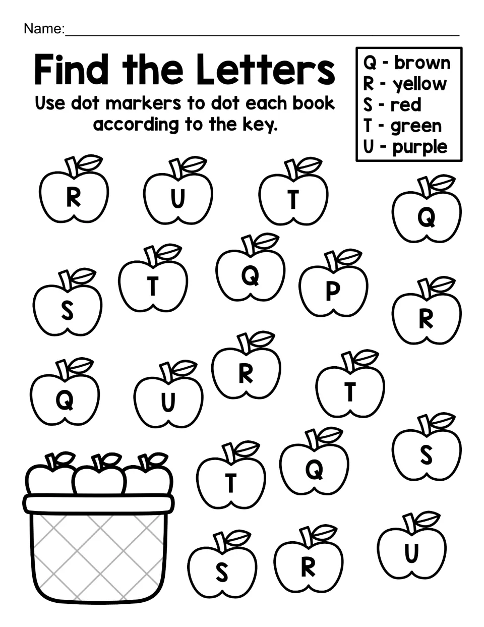 Find the Letters, Q to U: five-color key adds purple as students dot apples marked Q, R, S, T and U to identify capitals