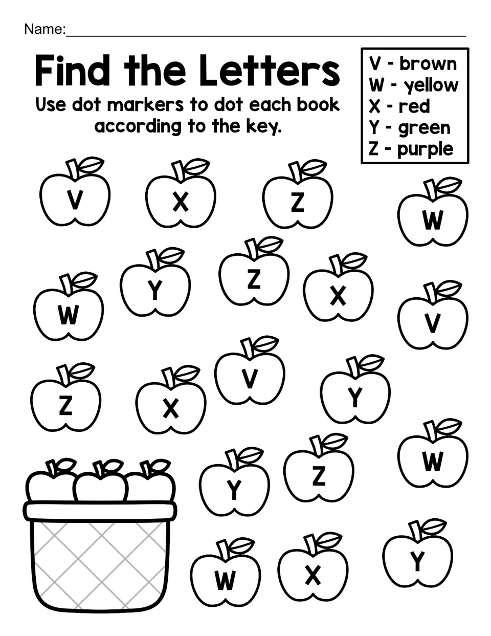 Find the Letters, V to Z: students dot apples showing capital V, W, X, Y and Z, using brown, yellow, red, green and purple