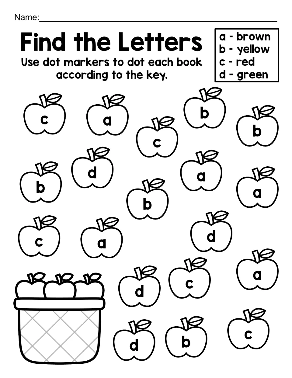 Find the Letters, lowercase a to d: students spot a, b, c and d on the apples and dot each one in its key color