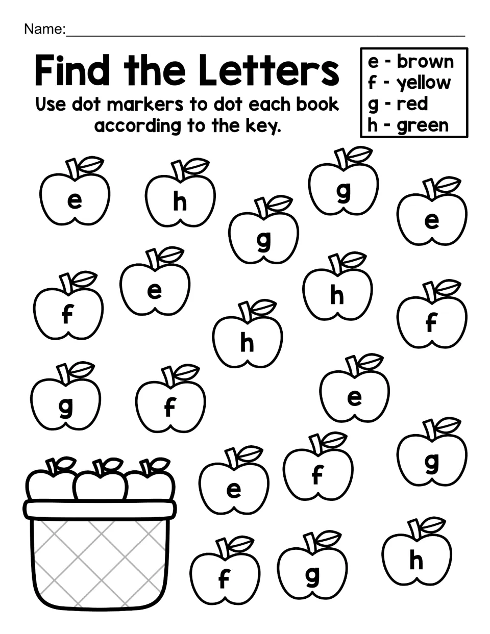 Find the Letters, lowercase e to h: students dot apples marked e, f, g or h in brown, yellow, red or green by the key