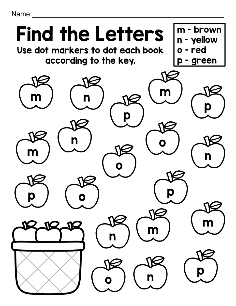 Find the Letters, lowercase m to p: students locate m, n, o and p on the apples and dot them brown, yellow, red or green