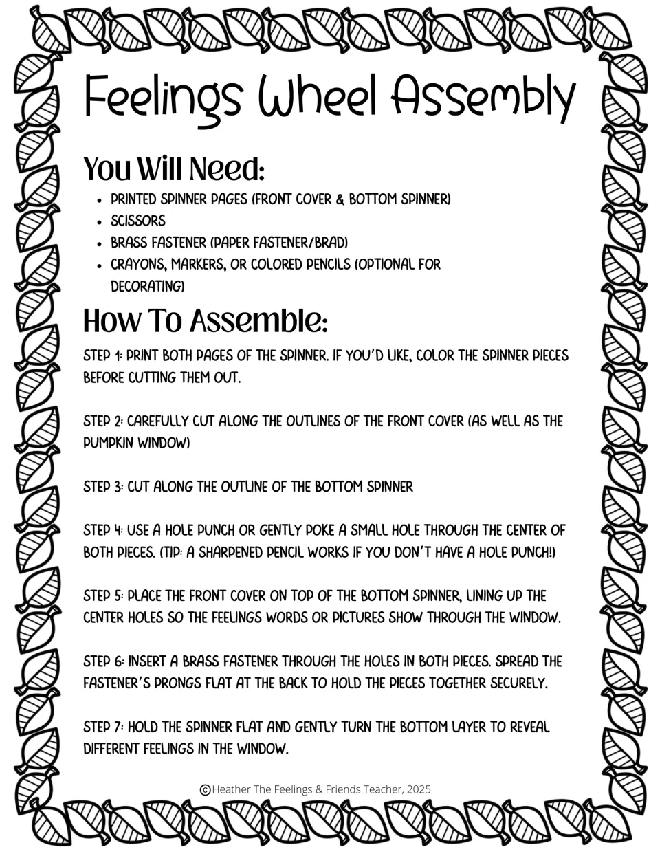 Feelings wheel assembly: supply list and 7 steps to cut, punch and join two spinner pieces with a brass fastener