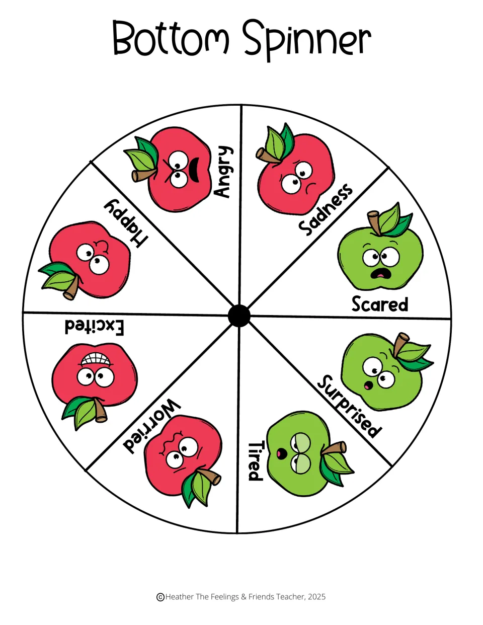 Color bottom spinner cut-out piece: 8 apple faces labeled happy, angry, sadness, scared, surprised, tired, worried, excited