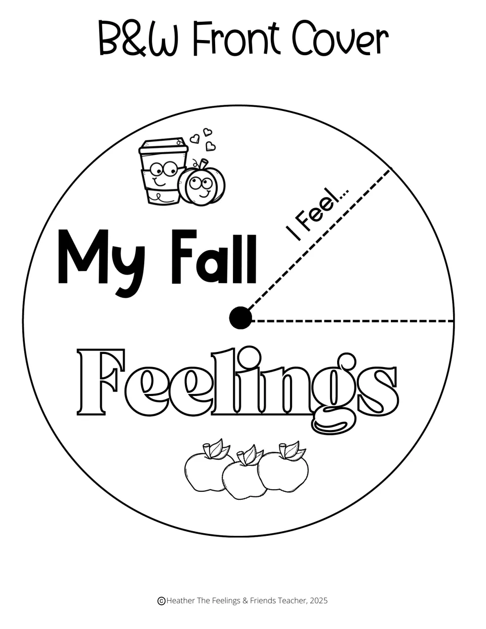 Black-and-white front cover cut-out piece reading My Fall Feelings, for students to color before cutting the window