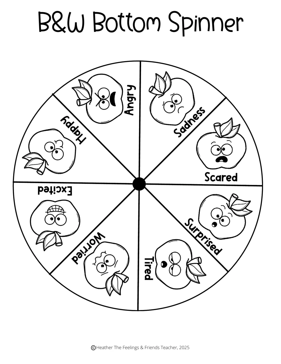 Black-and-white bottom spinner cut-out piece: 8 outline apple faces naming emotions such as worried, tired and excited