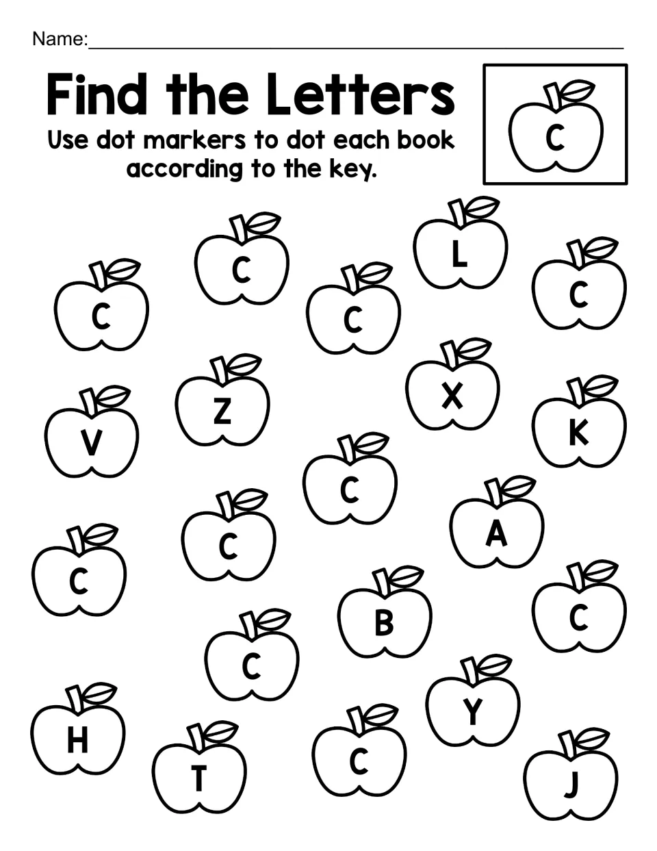 Letter C recognition: students use dot markers on every apple with capital C, ignoring L, Z, X, K, B, H and J
