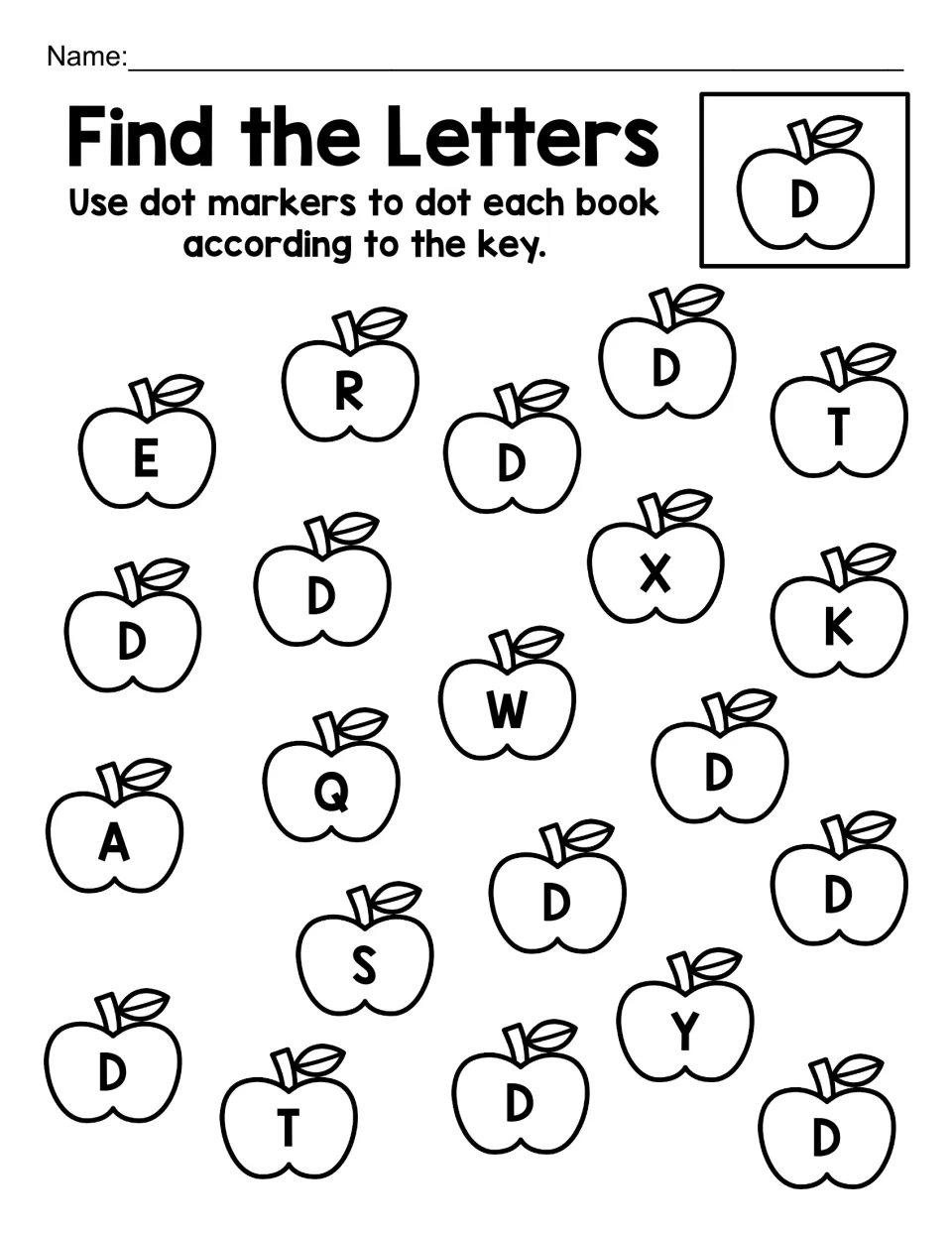 Find the capital D: students dab a dot marker on each D apple per the key while skipping E, R, T, W, Q and S