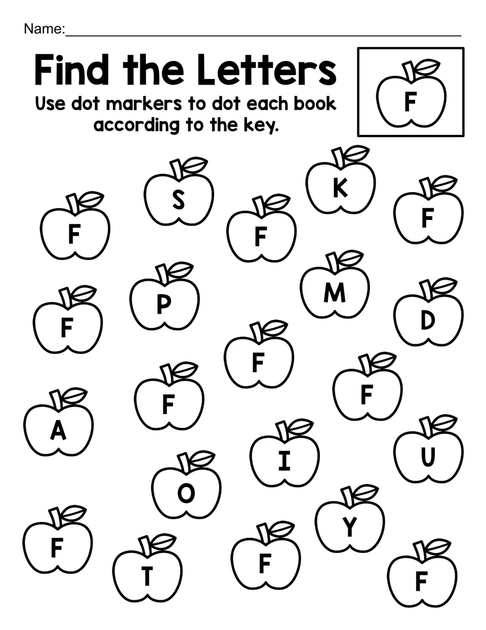 Capital F identification: students mark every apple with F using dot markers, telling it apart from P, M, D, A and U